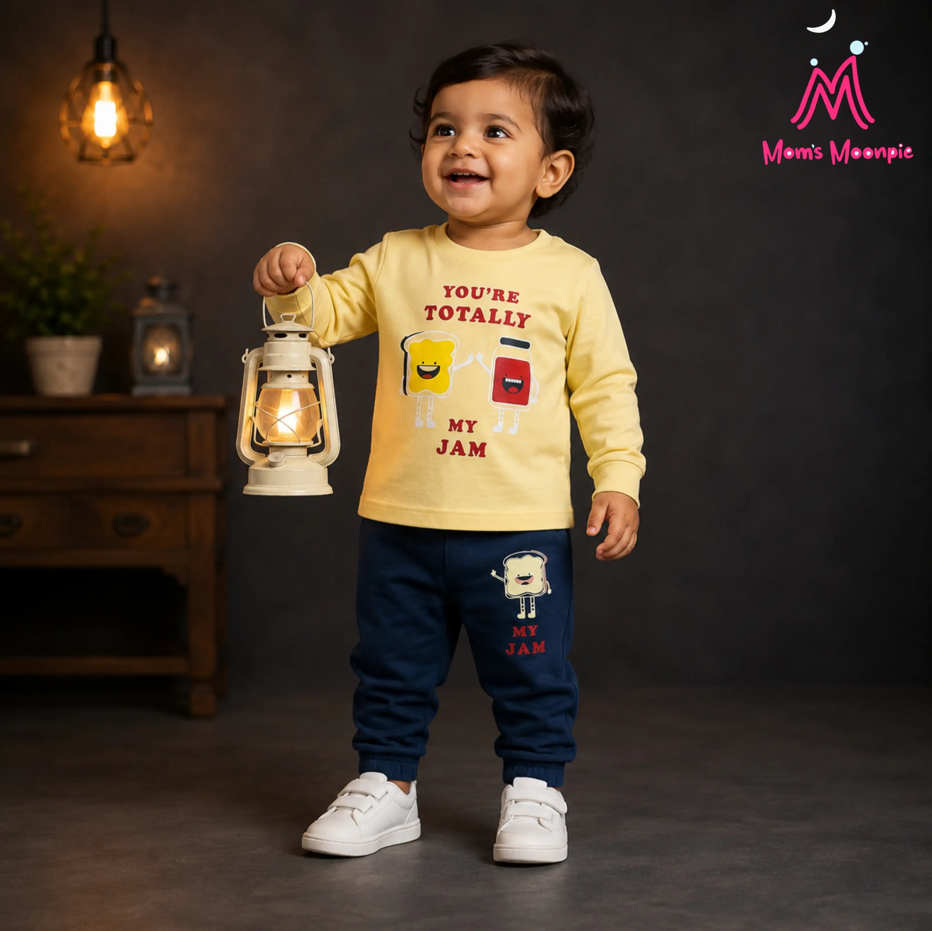 Mom's Moonpie Boys Yellow Full Sleeve T-Shirt & Navy Joggers Set
