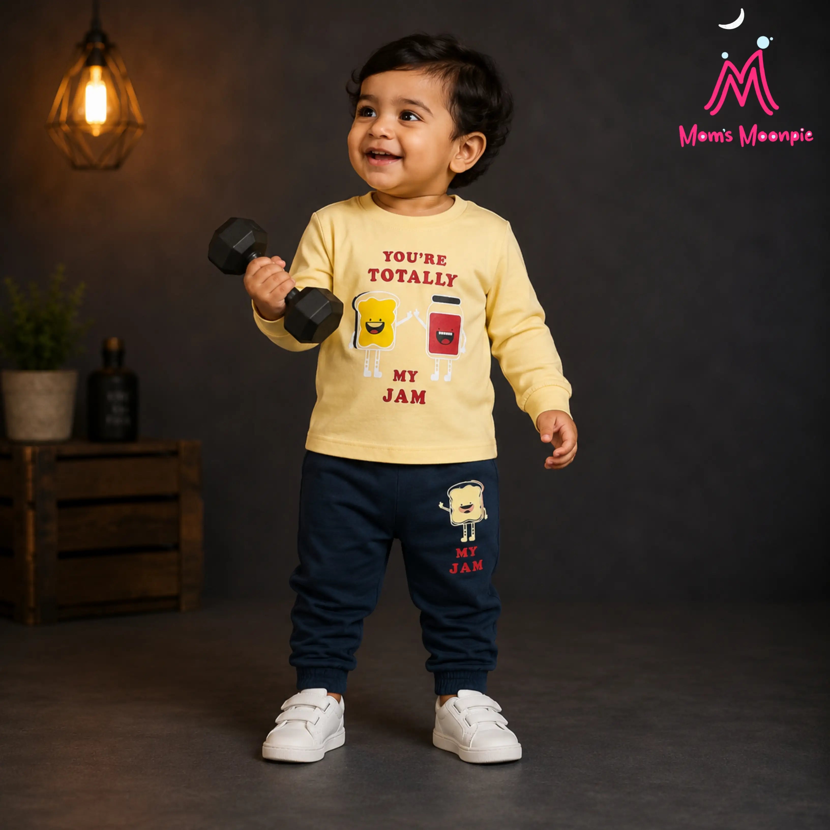 Mom's Moonpie Boys Yellow Full Sleeve T-Shirt & Navy Joggers Set