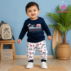 Mom's Moonpie Boys Navy Blue Hawaii Full Sleeve T-Shirt & Printed Pyjama Set