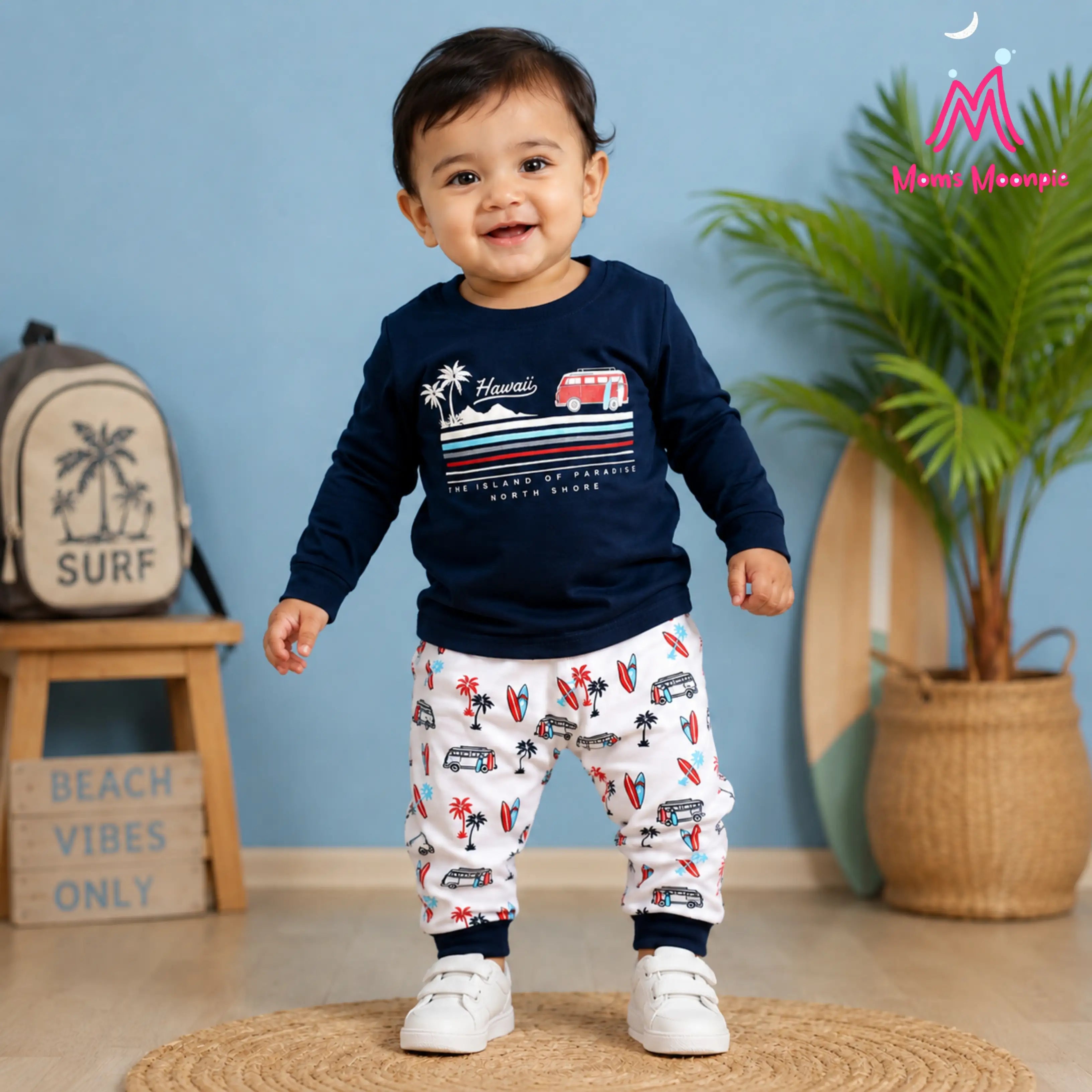 Mom's Moonpie Boys Navy Blue Hawaii Full Sleeve T-Shirt & Printed Pyjama Set