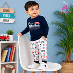 Mom's Moonpie Boys Navy Blue Hawaii Full Sleeve T-Shirt & Printed Pyjama Set