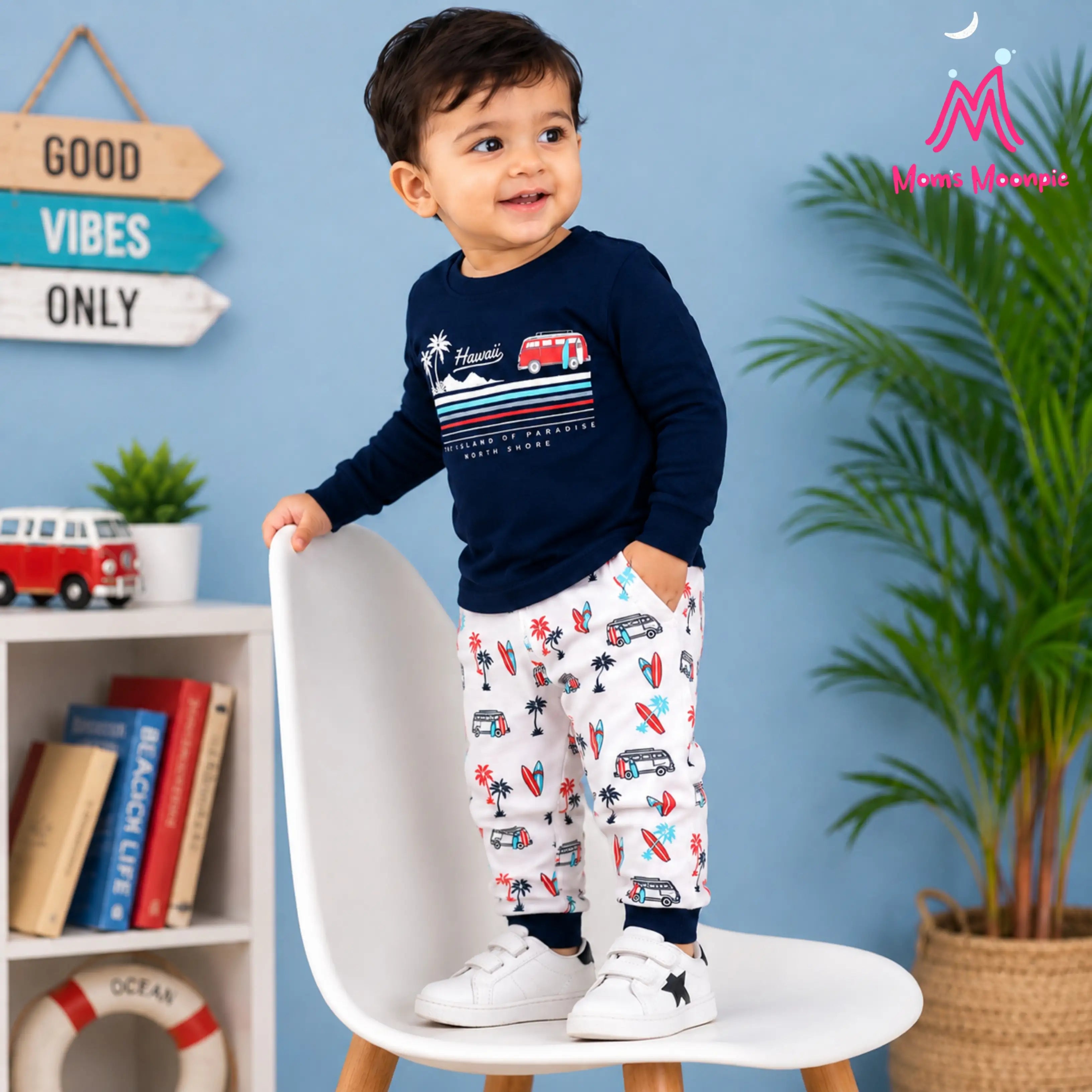 Mom's Moonpie Boys Navy Blue Hawaii Full Sleeve T-Shirt & Printed Pyjama Set