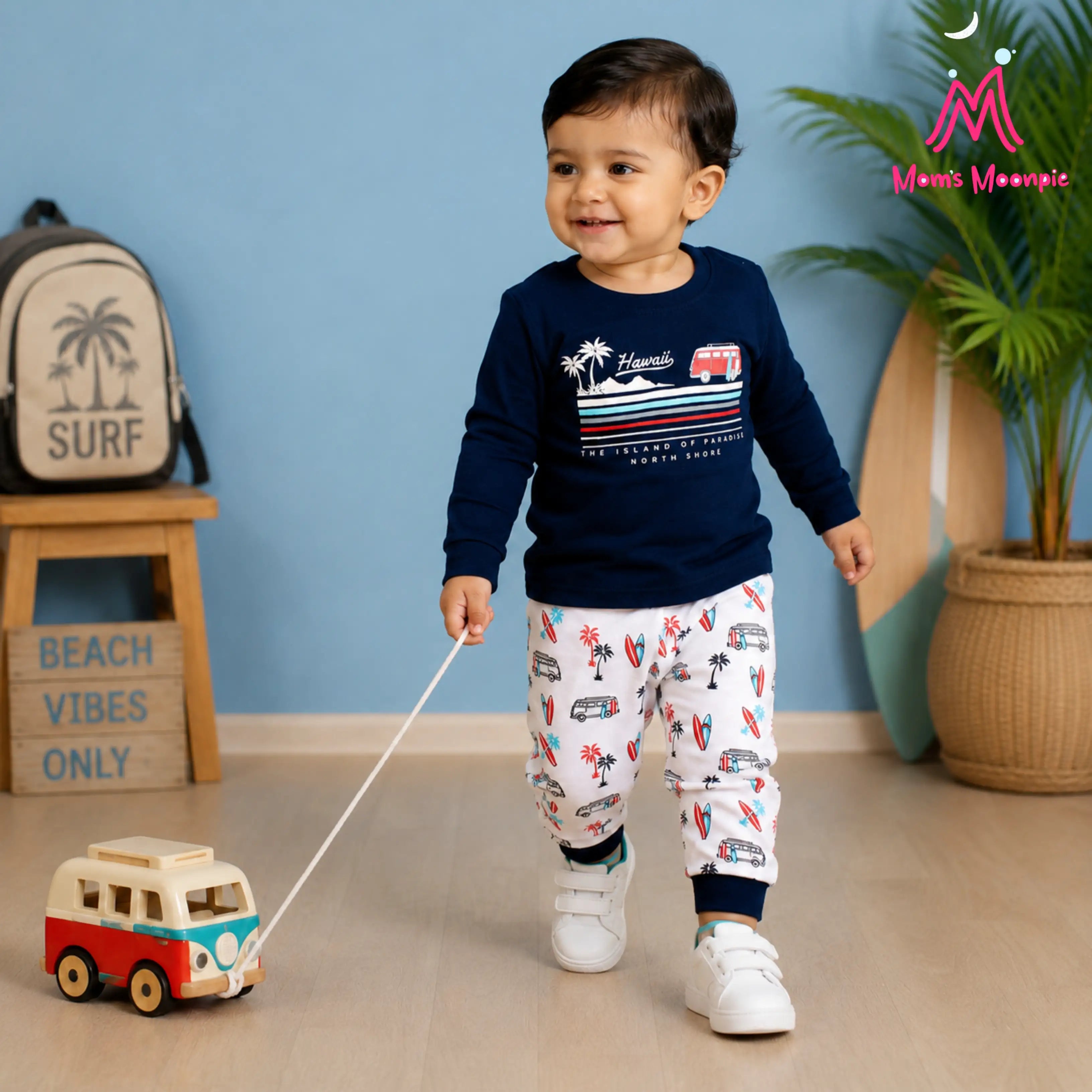Mom's Moonpie Boys Navy Blue Hawaii Full Sleeve T-Shirt & Printed Pyjama Set