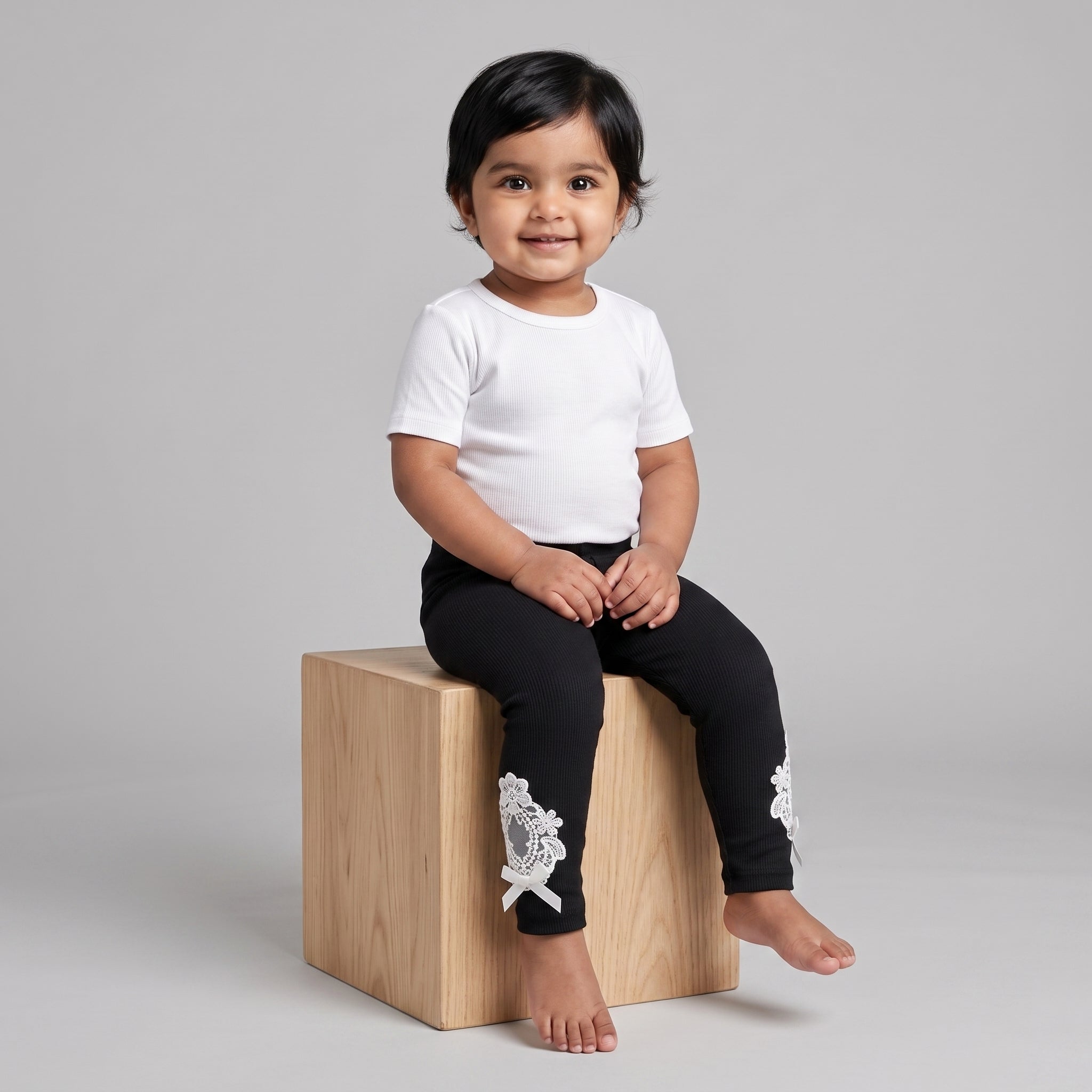 Baby Girls’ Ribbed Straight-Leg Leggings with Lace Bows