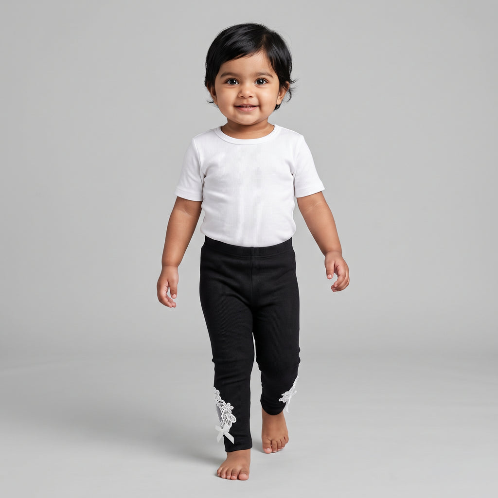 Baby Girls’ Ribbed Straight-Leg Leggings with Lace Bows
