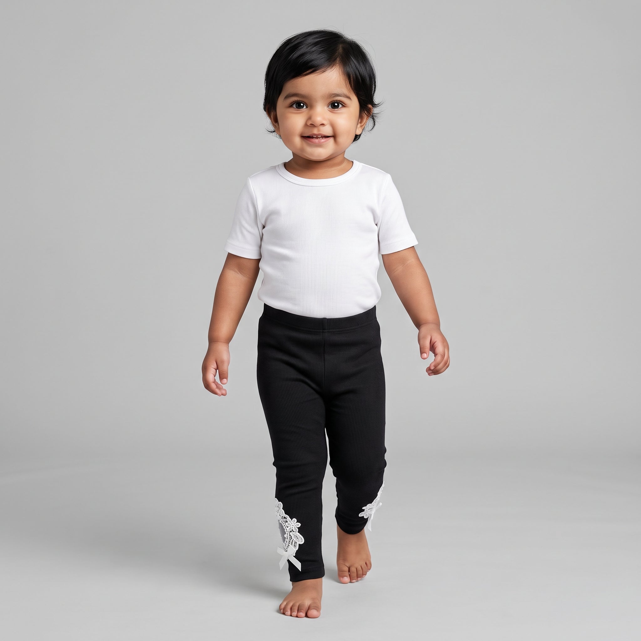 Baby Girls’ Ribbed Straight-Leg Leggings with Lace Bows