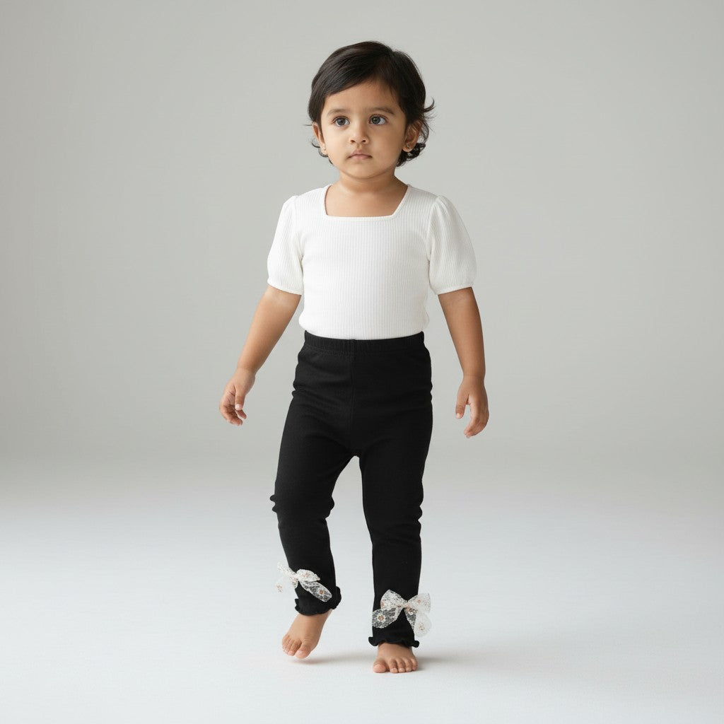 Baby Girls’ Ribbed Straight-Leg Leggings with Lace Bows