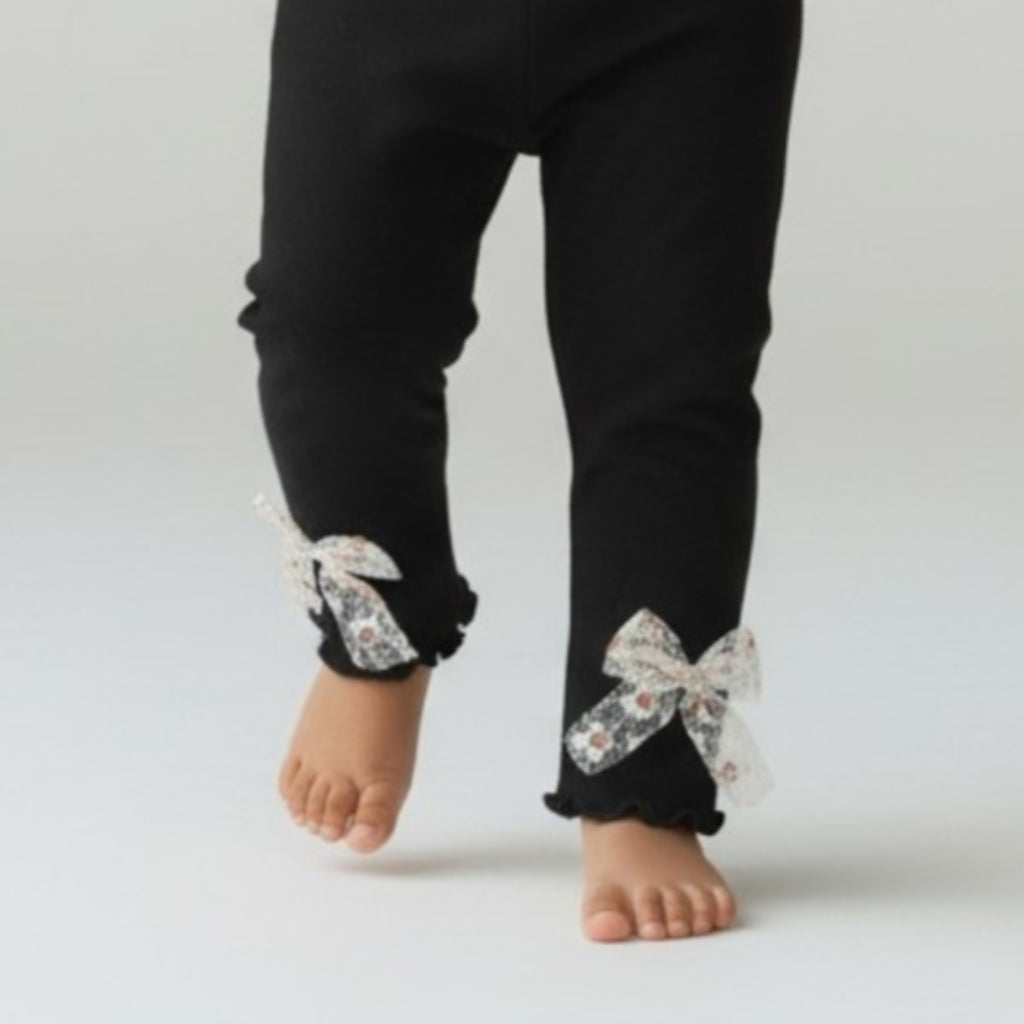 Baby Girls’ Ribbed Straight-Leg Leggings with Lace Bows