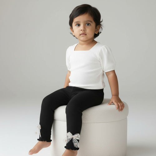 Baby Girls’ Ribbed Straight-Leg Leggings with Lace Bows