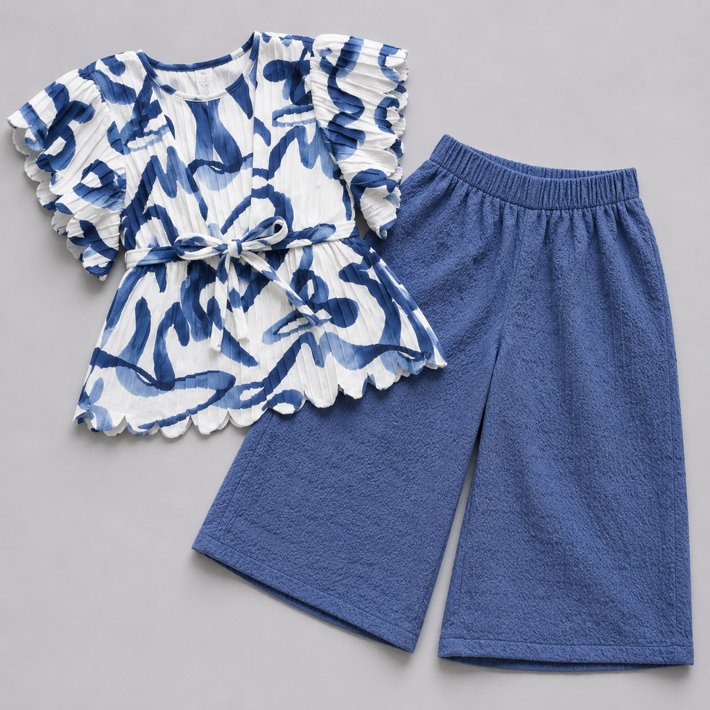 Blue Abstract Ruffle Co-ord Set for Girls | Premium Kidswear | Mom's Moonpie