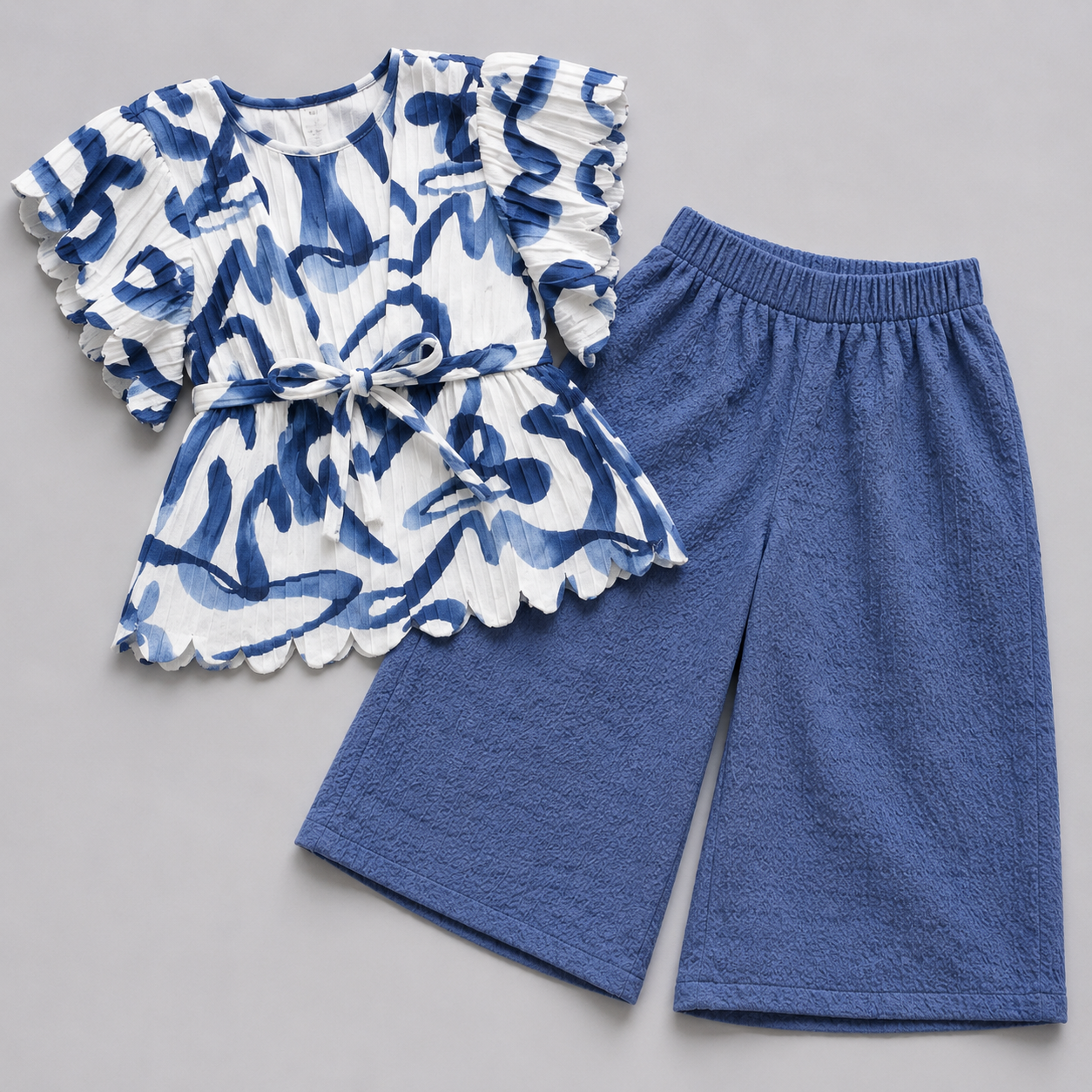 Blue Abstract Ruffle Co-ord Set for Girls | Premium Kidswear | Mom's Moonpie