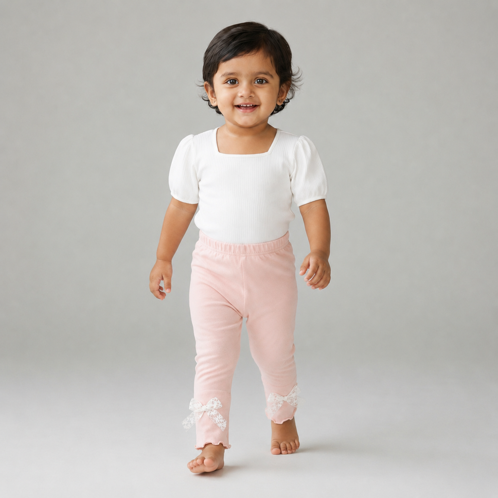 Baby Girls’ Ribbed Straight-Leg Leggings with Lace Bows