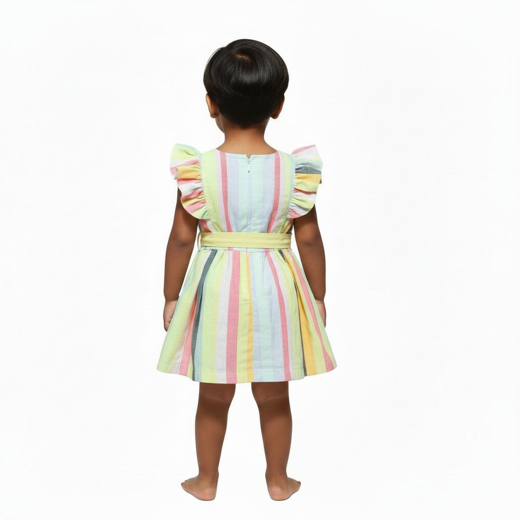 Rainbow Stripe Flutter-Sleeve Party Dress