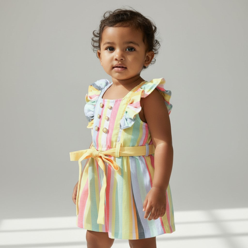 Rainbow Stripe Flutter-Sleeve Party Dress