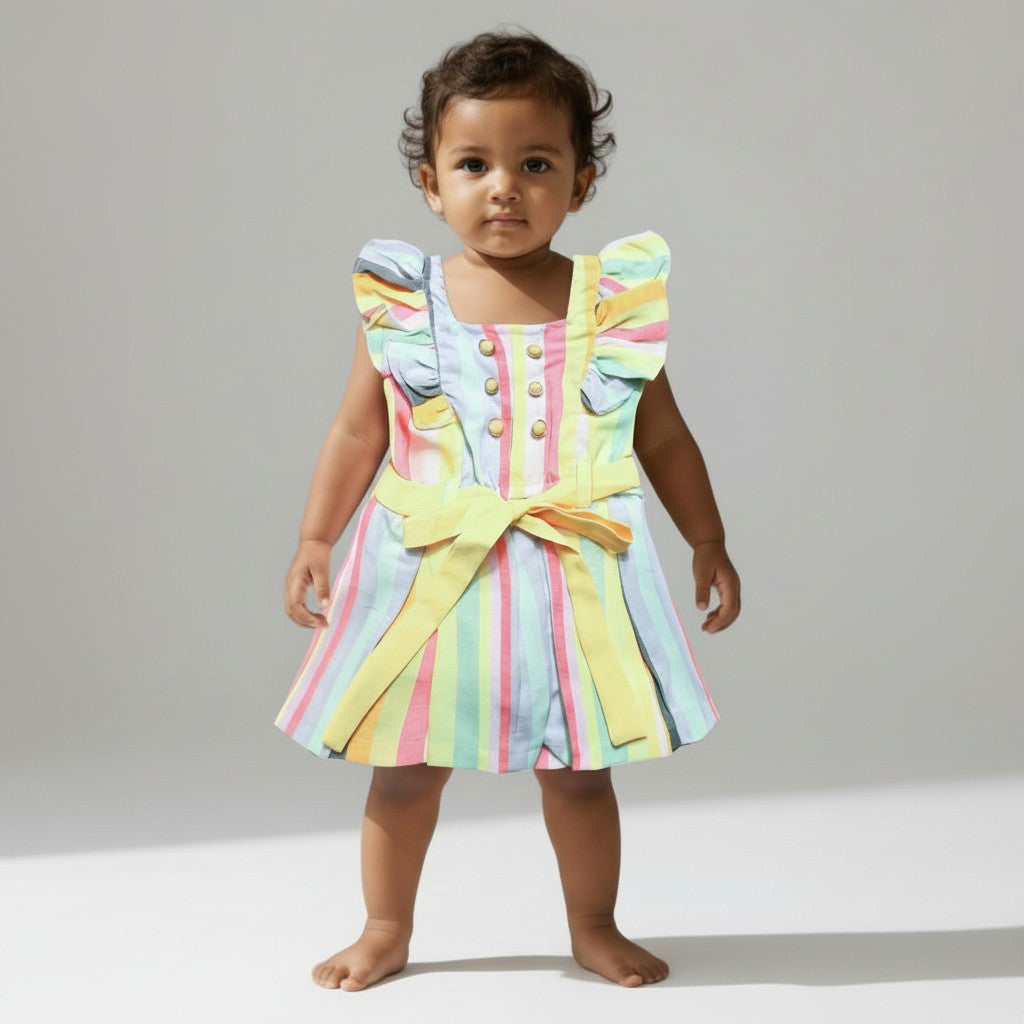 Rainbow Stripe Flutter-Sleeve Party Dress