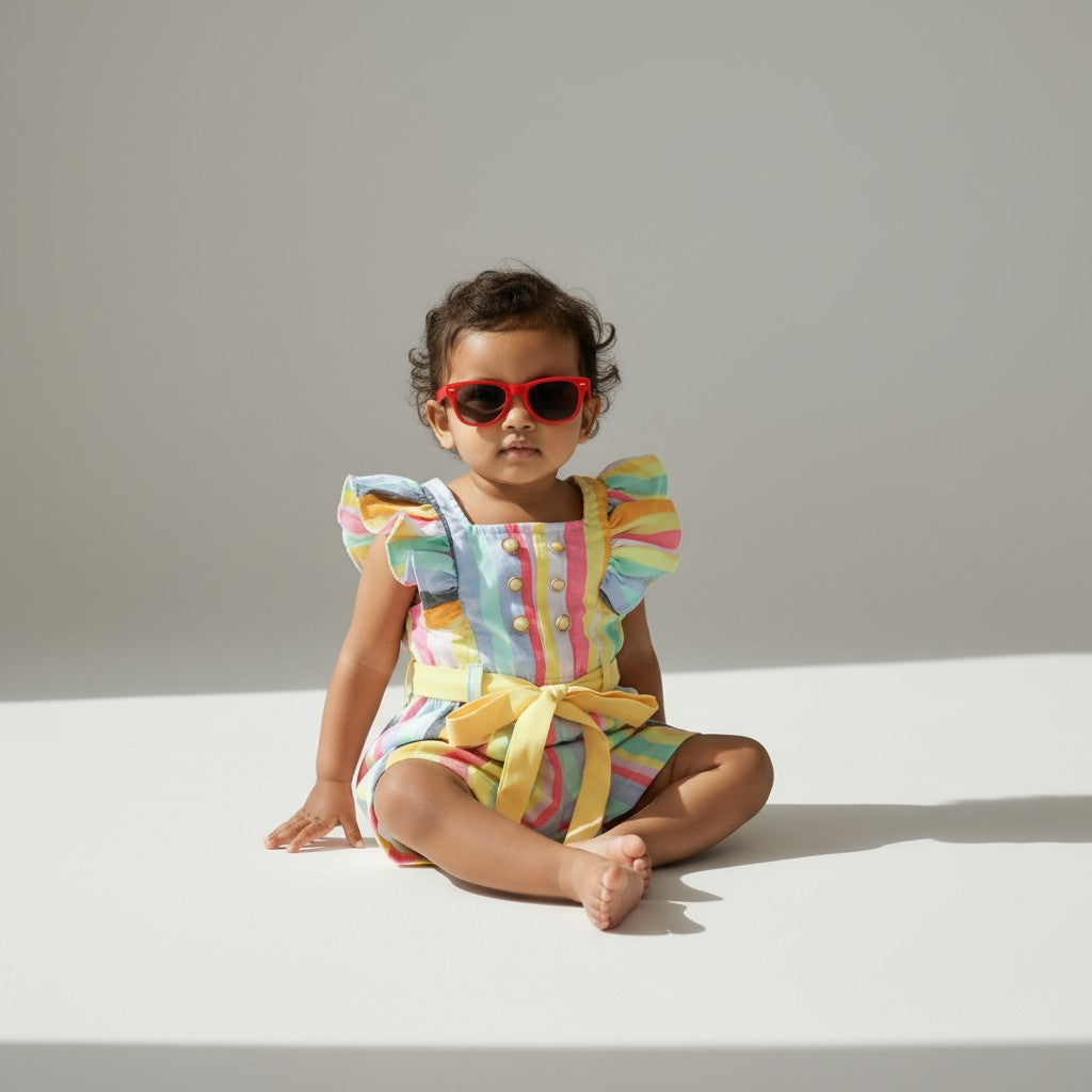 Rainbow Stripe Flutter-Sleeve Party Dress