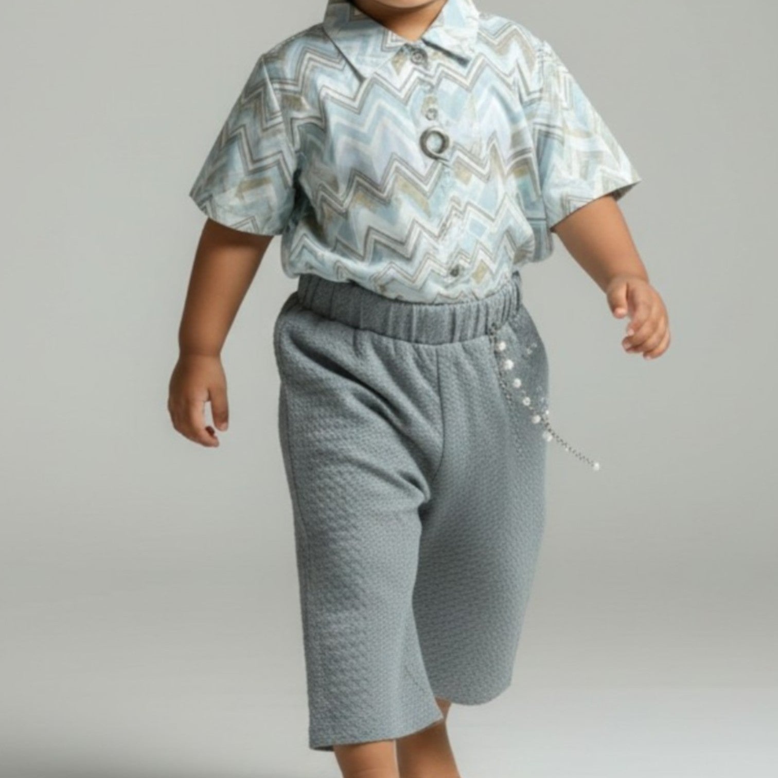 Zigzag Print Shirt & Grey Textured Trouser Set