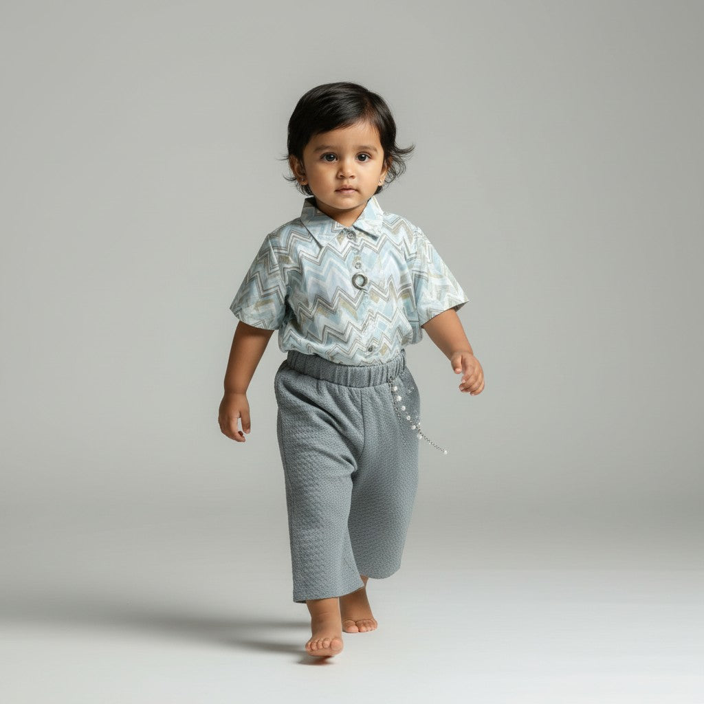 Zigzag Print Shirt & Grey Textured Trouser Set