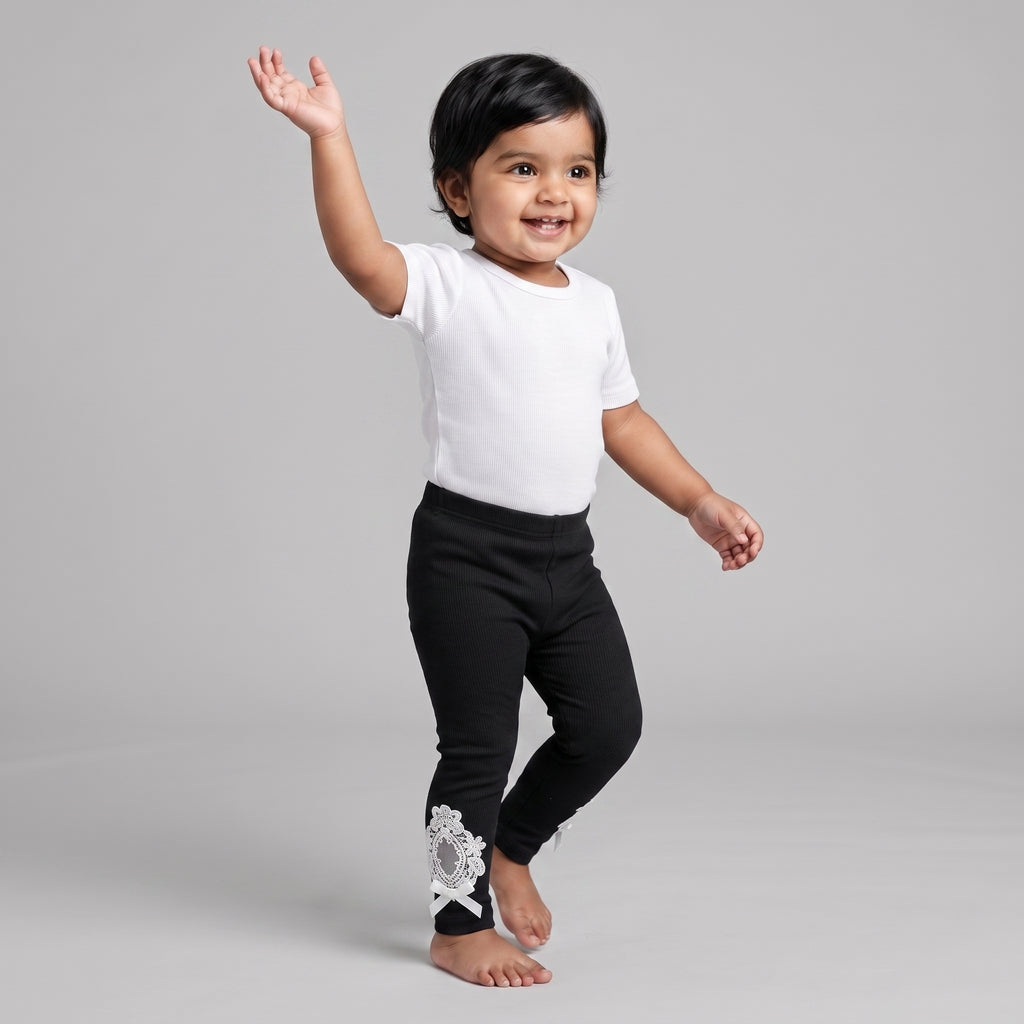 Baby Girls’ Ribbed Straight-Leg Leggings with Lace Bows