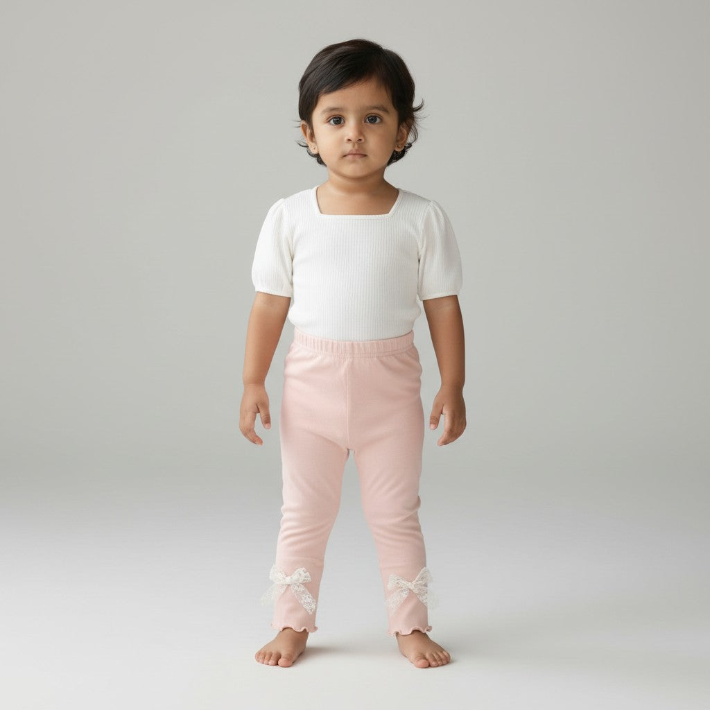 Baby Girls’ Ribbed Straight-Leg Leggings with Lace Bows
