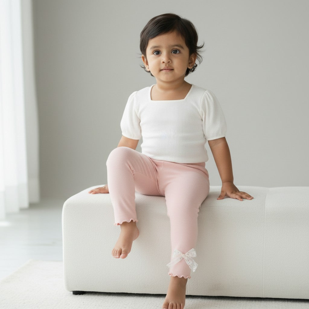 Baby Girls’ Ribbed Straight-Leg Leggings with Lace Bows
