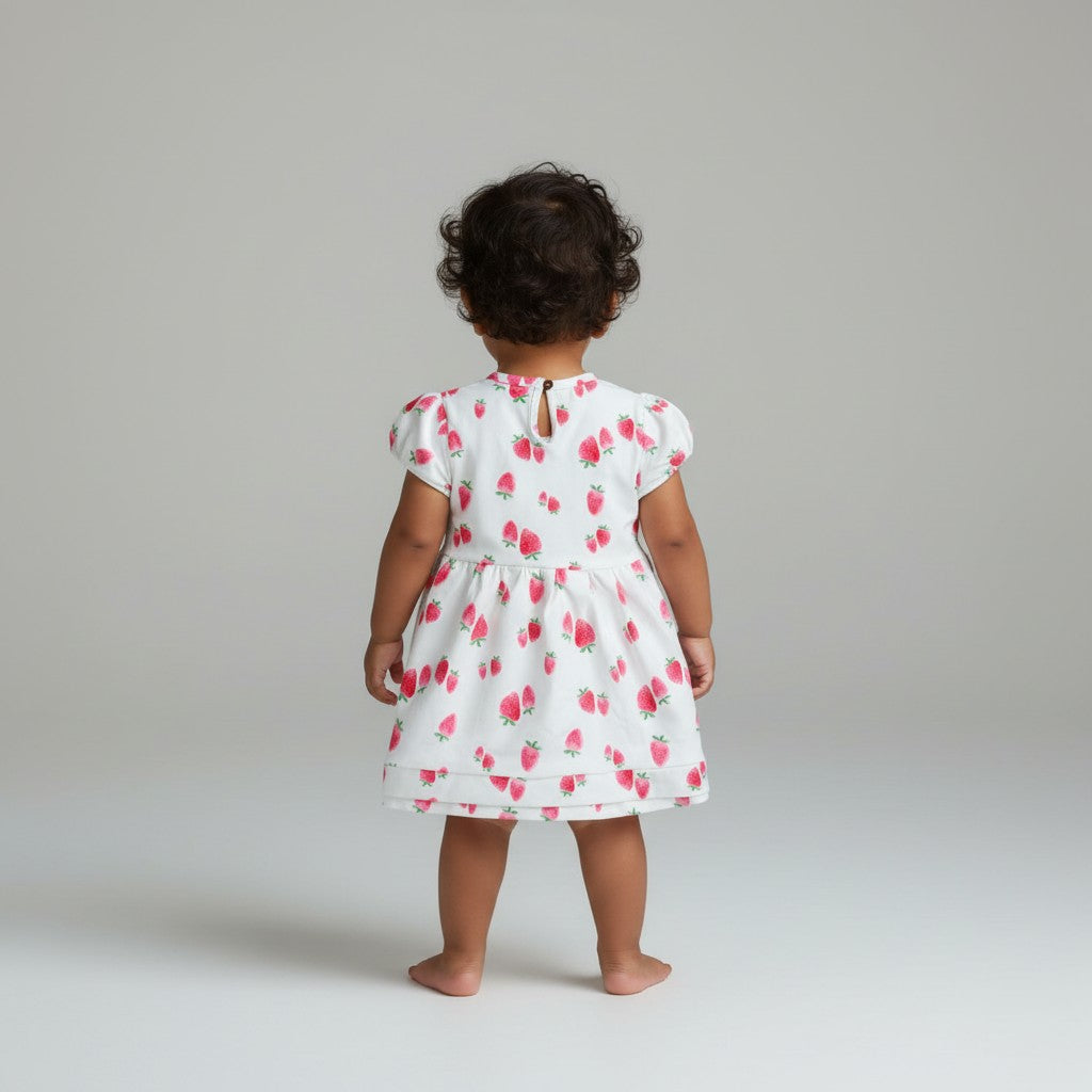 Sweet Strawberry Puff-Sleeve Cotton Dress