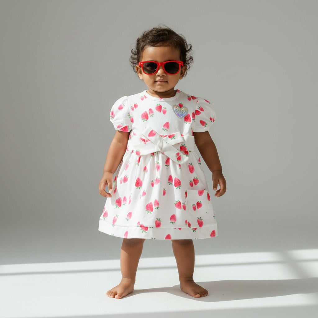 Sweet Strawberry Puff-Sleeve Cotton Dress