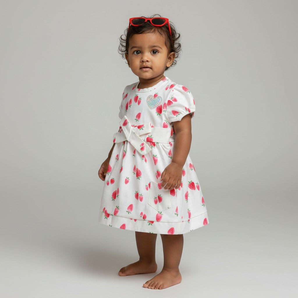Sweet Strawberry Puff-Sleeve Cotton Dress