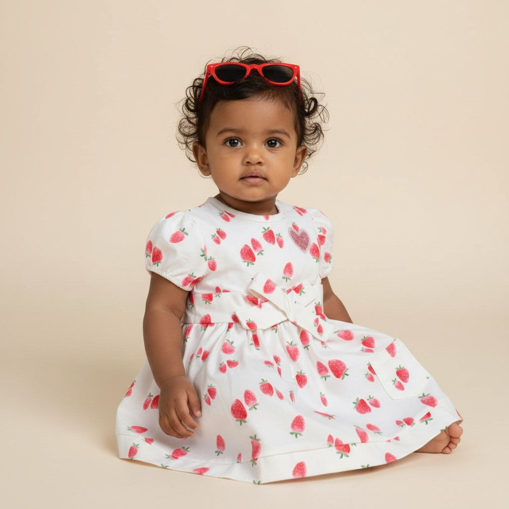 Sweet Strawberry Puff-Sleeve Cotton Dress