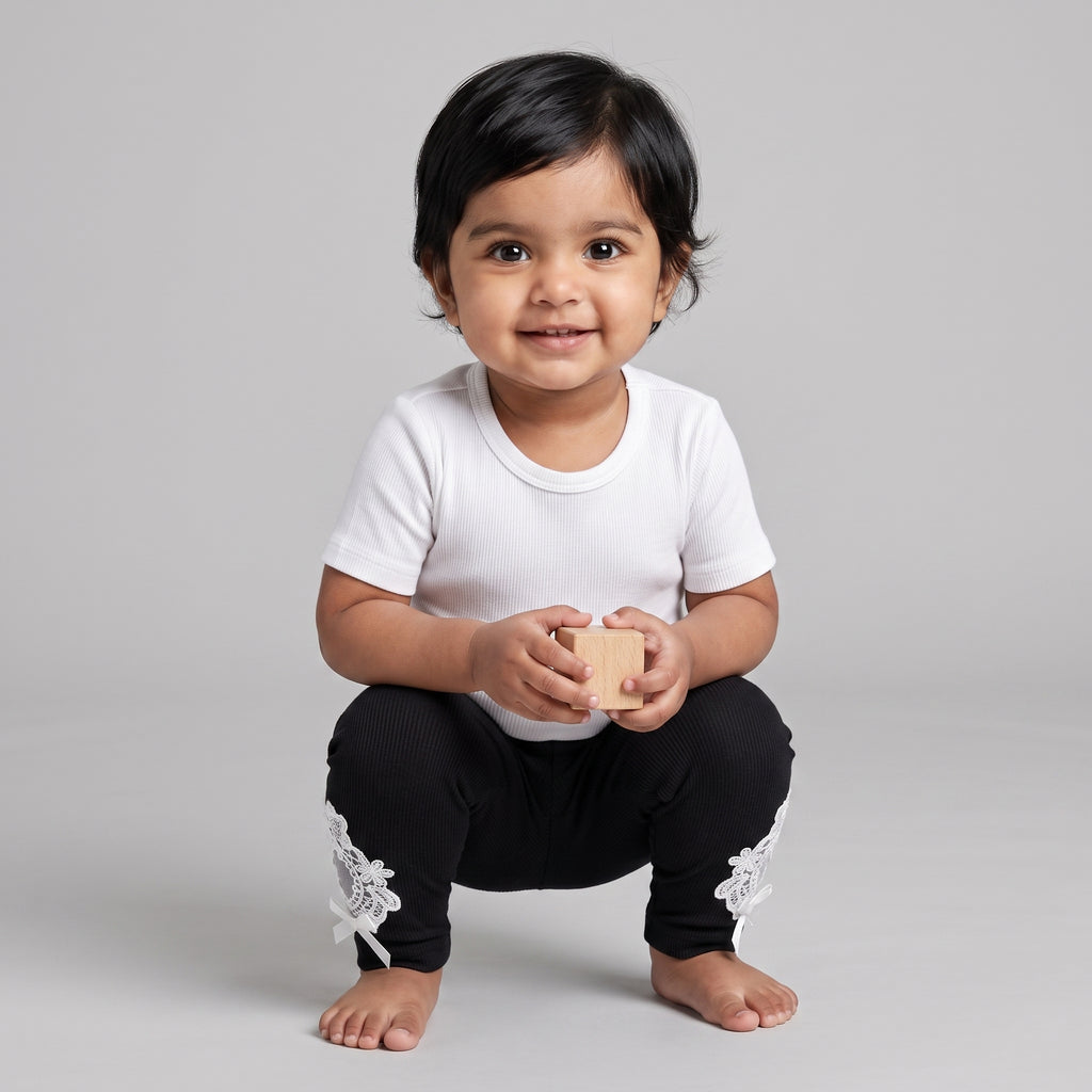 Baby Girls’ Ribbed Straight-Leg Leggings with Lace Bows