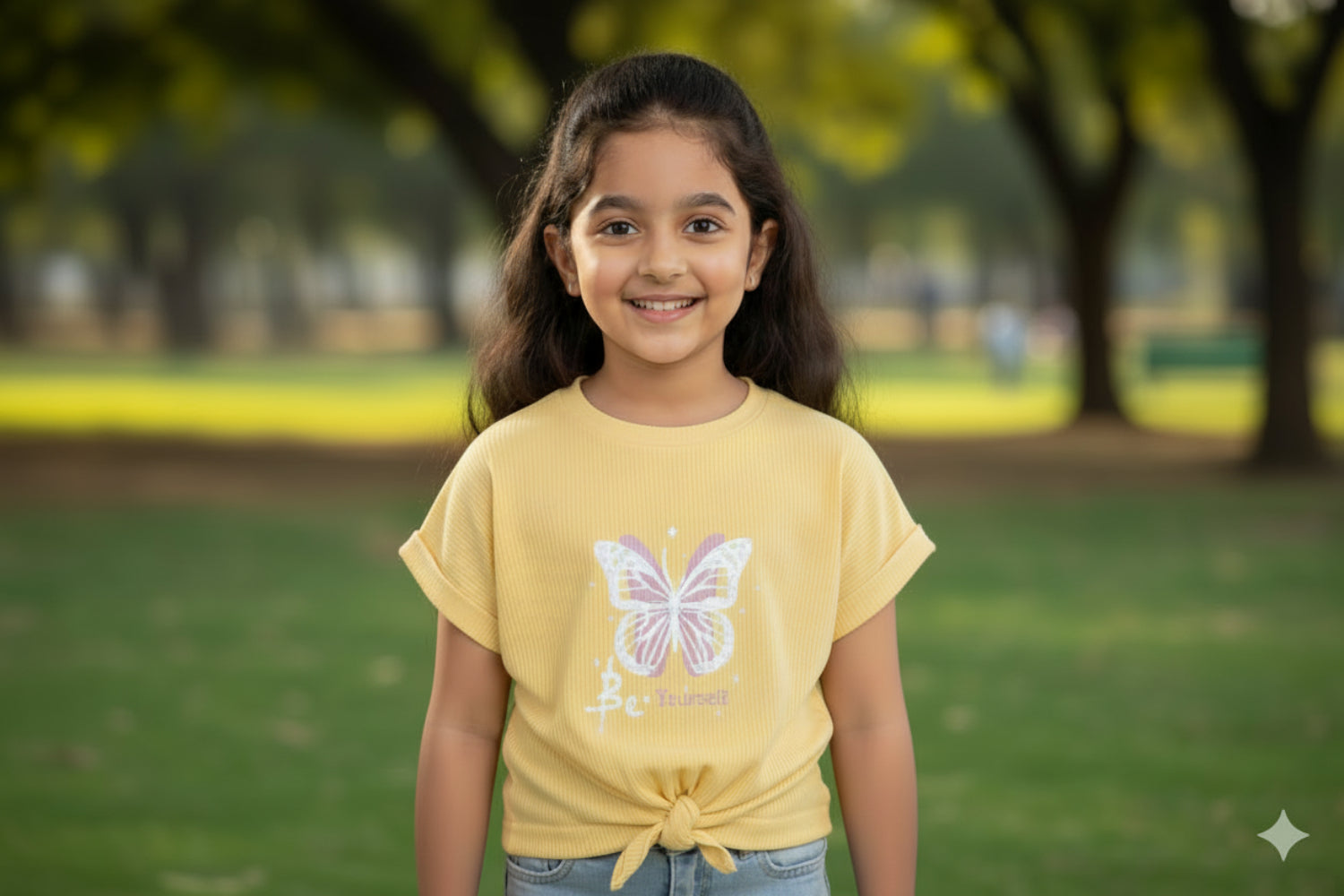 Girls Yellow Ribbed Butterfly Top – Be Yourself Premium Cotton Tie-Hem T-Shirt (2–8 Years)