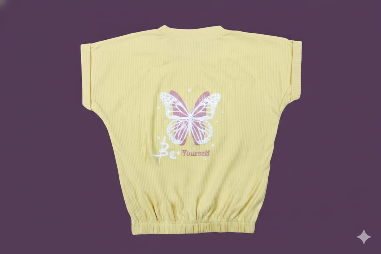 Girls Yellow Ribbed Butterfly Top – Be Yourself Premium Cotton Tie-Hem T-Shirt (2–8 Years)