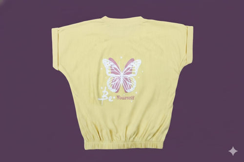 Girls Yellow Ribbed Butterfly Top – Be Yourself Premium Cotton Tie-Hem T-Shirt (2–8 Years)