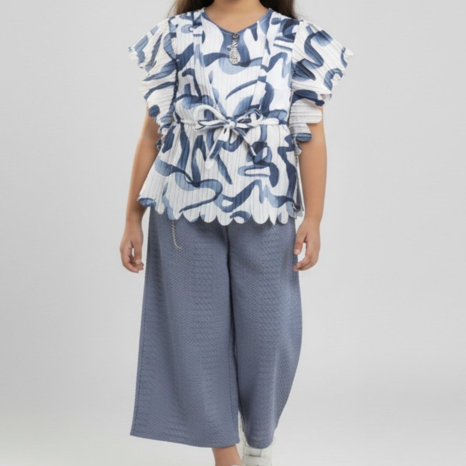 Abstract Print Flutter-Sleeve Top & Wide-Leg Trouser Set