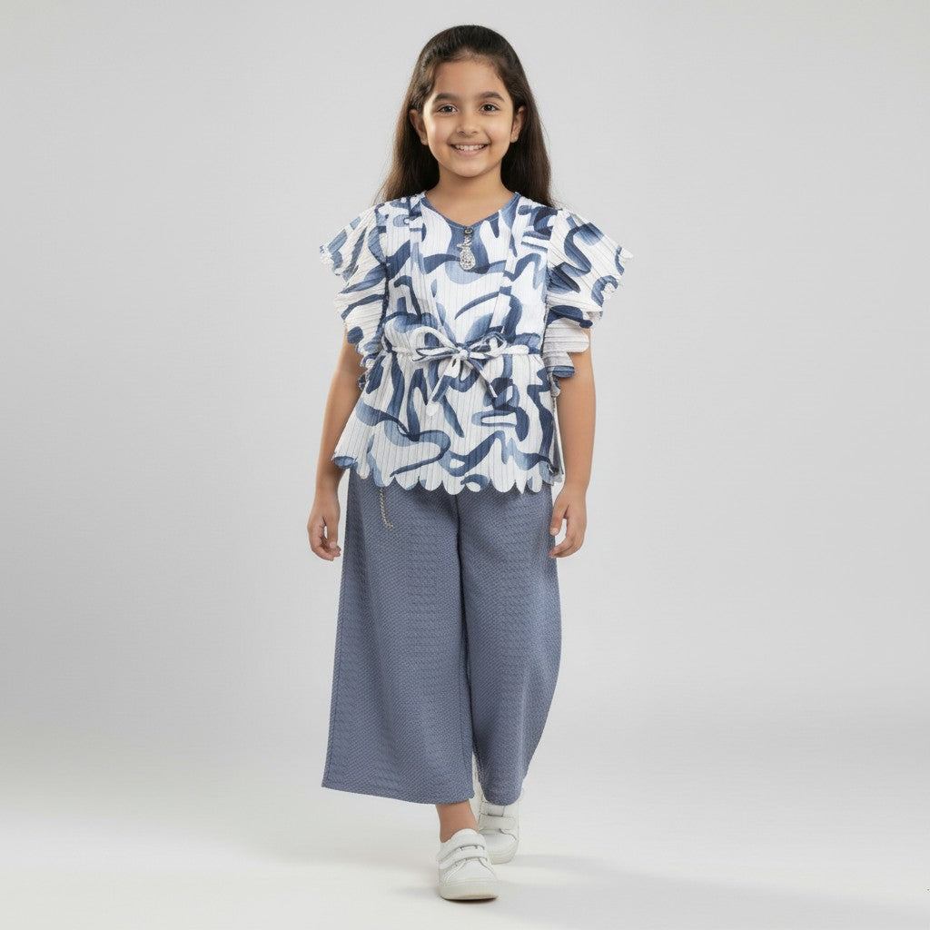 Abstract Print Flutter-Sleeve Top & Wide-Leg Trouser Set