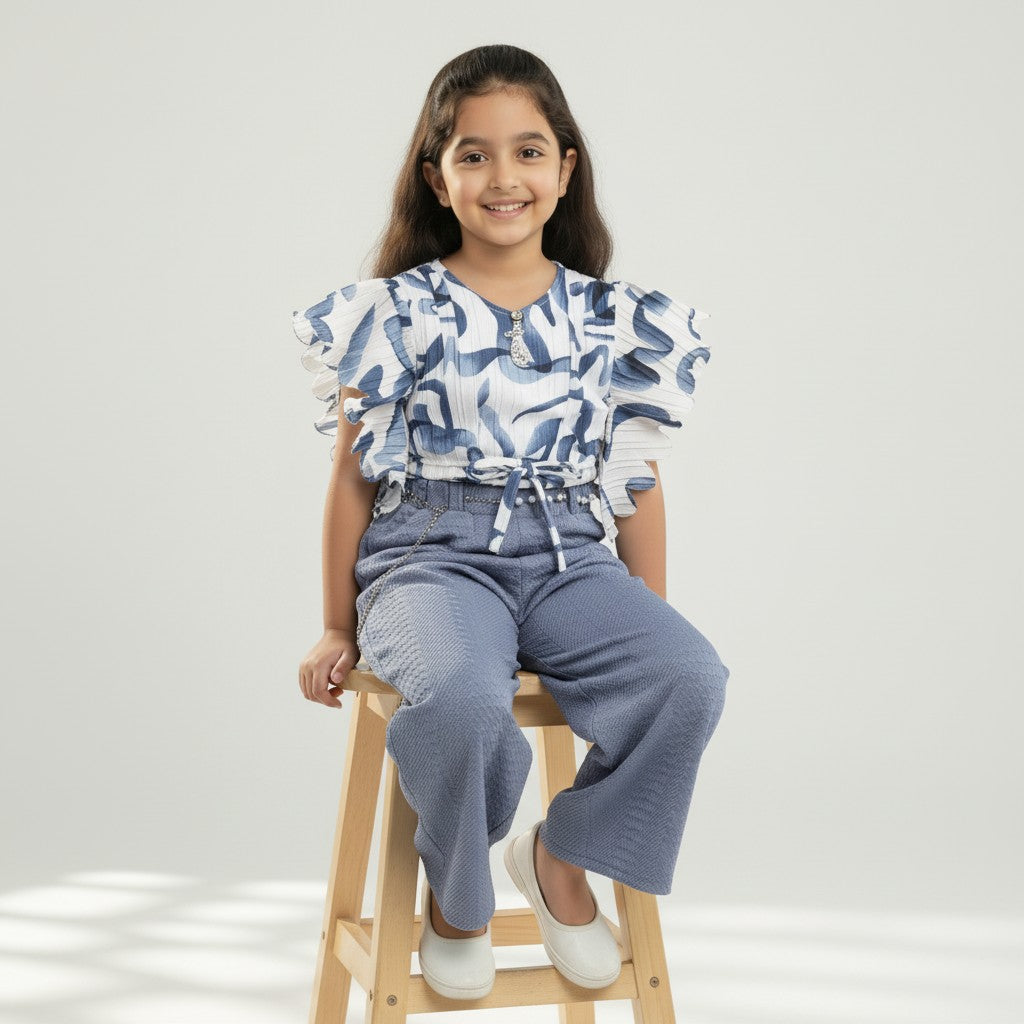 Abstract Print Flutter-Sleeve Top & Wide-Leg Trouser Set