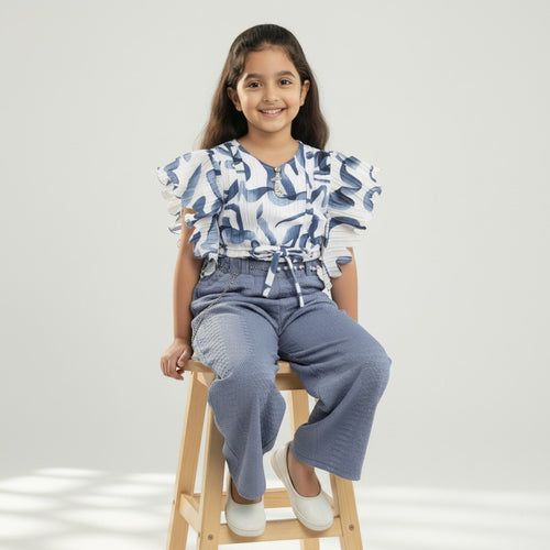 Abstract Print Flutter-Sleeve Top & Wide-Leg Trouser Set